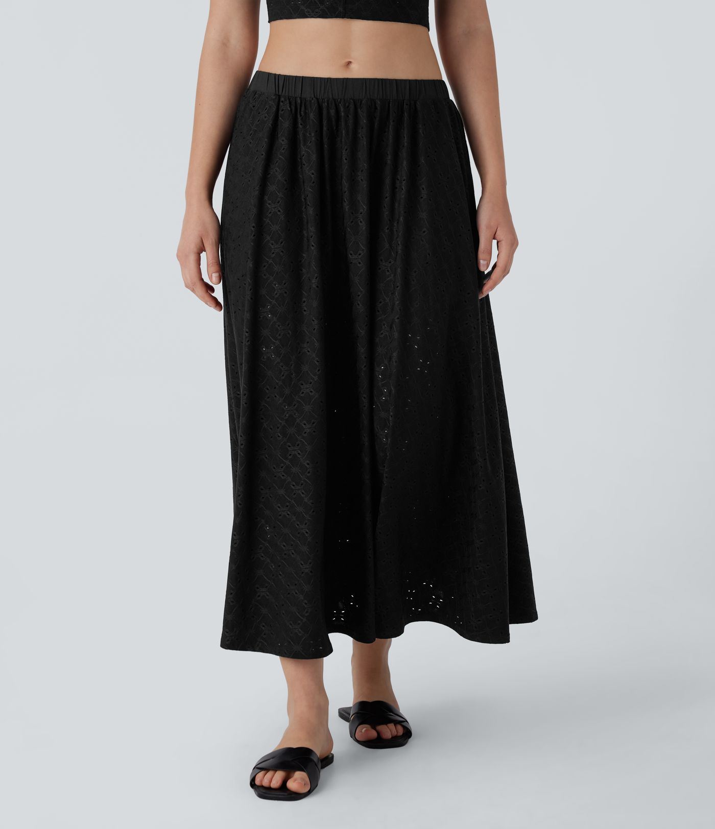 Fließender 2-in-1 Urlaubs-Midirock mit mittelhohem Bund, Seitentaschen und Cut-Outs