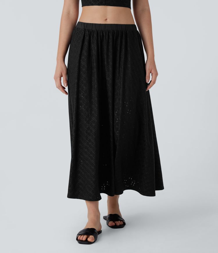 Fließender 2-in-1 Urlaubs-Midirock mit mittelhohem Bund, Seitentaschen und Cut-Outs