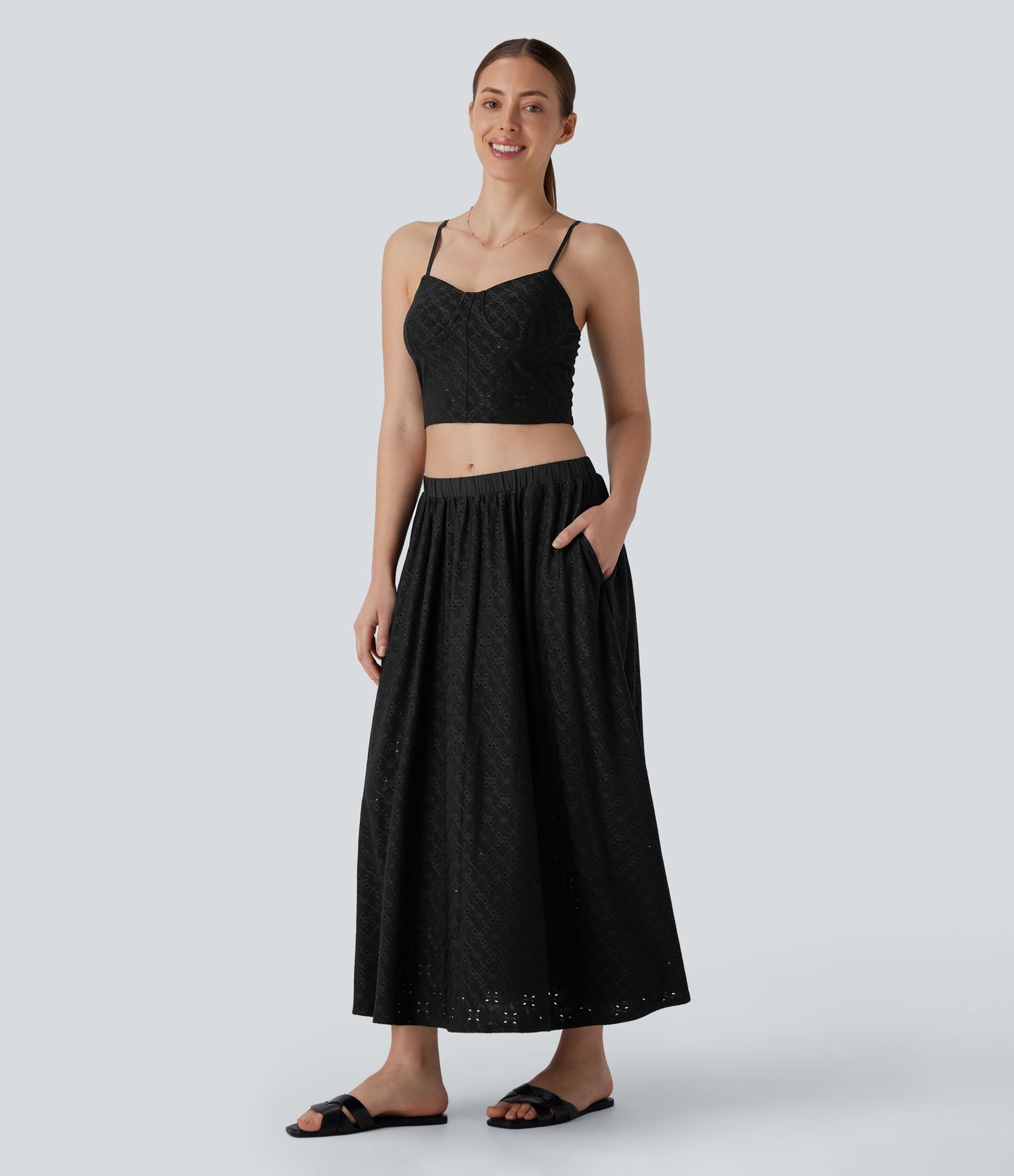 Low Rise Eyelet 2-in-1 Flowy Midi Skirt with Pockets