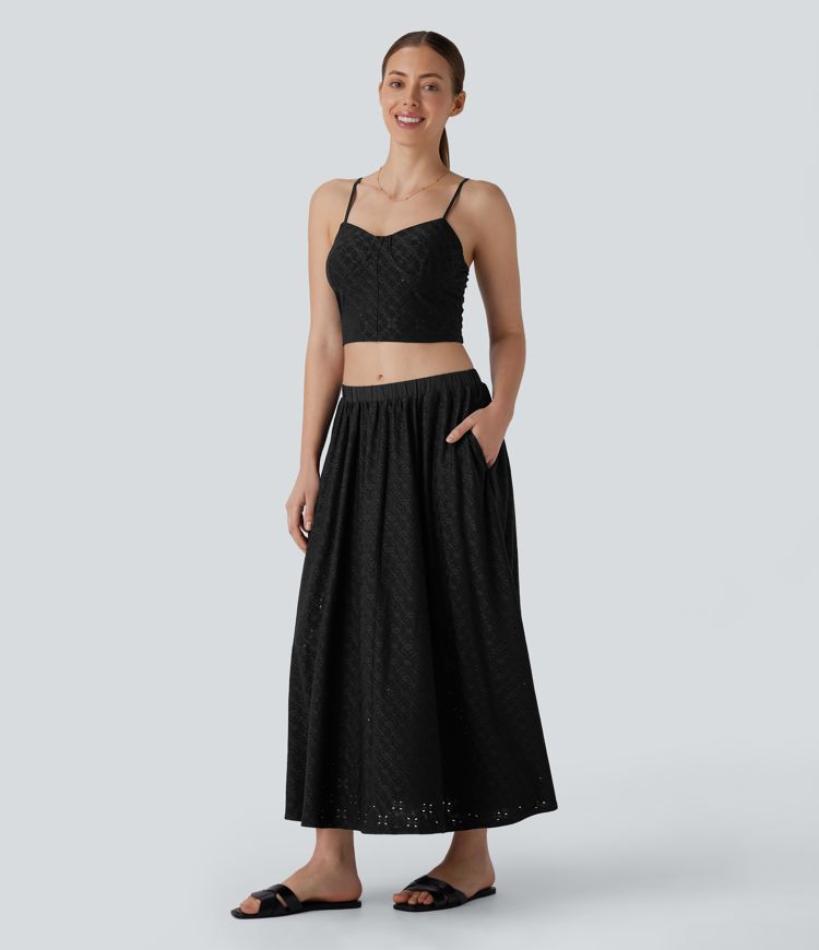 Low Rise Eyelet 2-in-1 Flowy Midi Skirt with Pockets