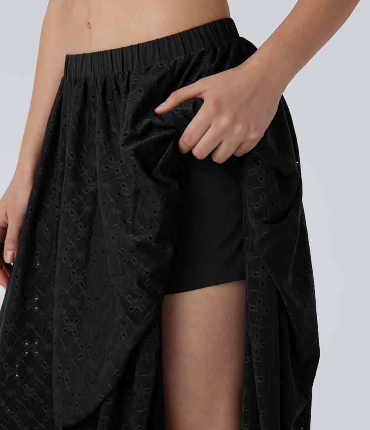 Mid Low Rise Side Pocket 2-in-1 Cut Out Flowy Midi Resort Skirt