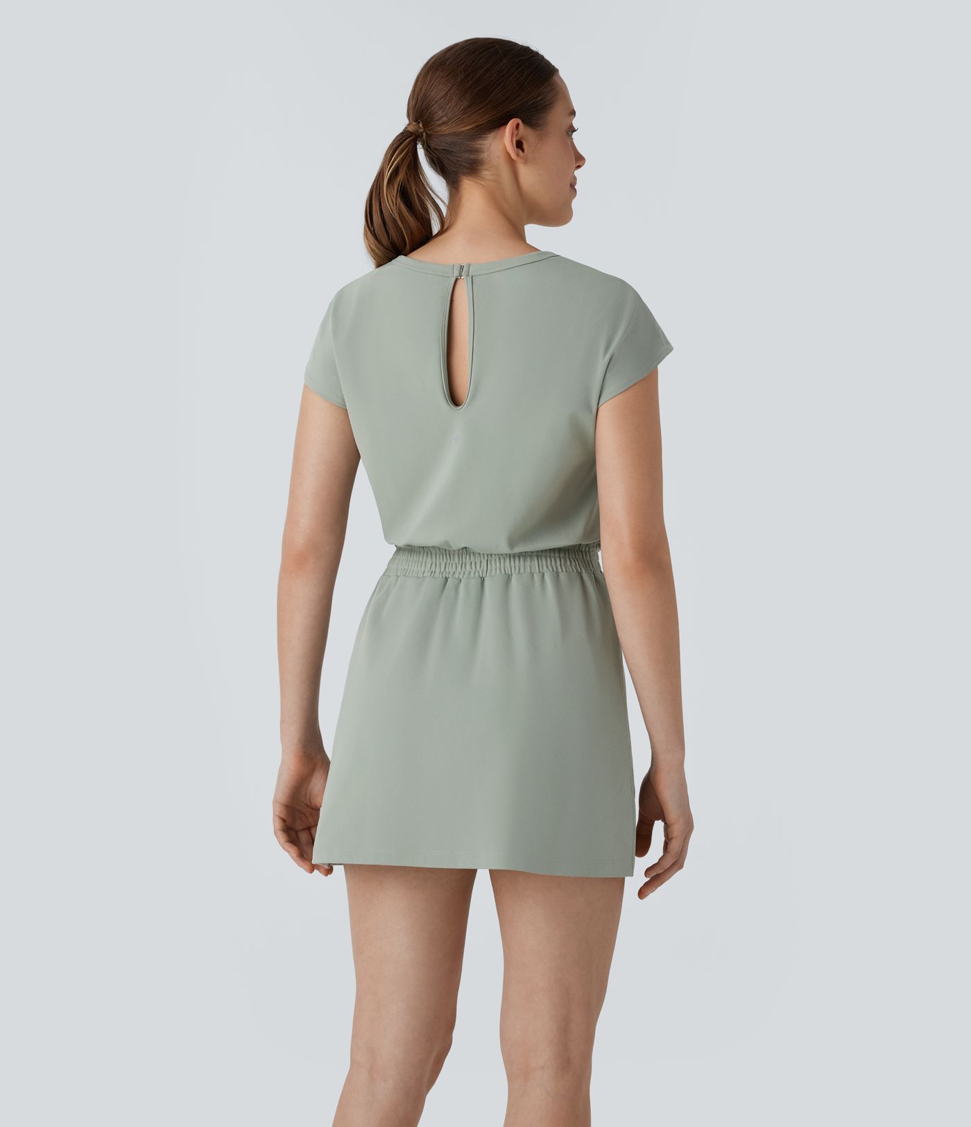 DayStretch Round Neck Short Sleeve 2-in-1 Pocket Mini Yoga Active Dress-Easy Peezy Edition