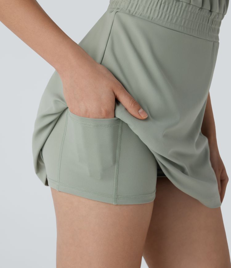 Round Neck Short Sleeve 2-in-1 Side Pocket Split Mini Yoga Active Dress-Easy Peezy Edition