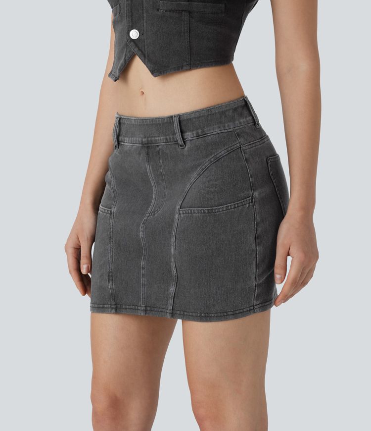 Halara Flex™ Low Rise Bodycon Mini Washed Denim Casual Skirt with Pockets