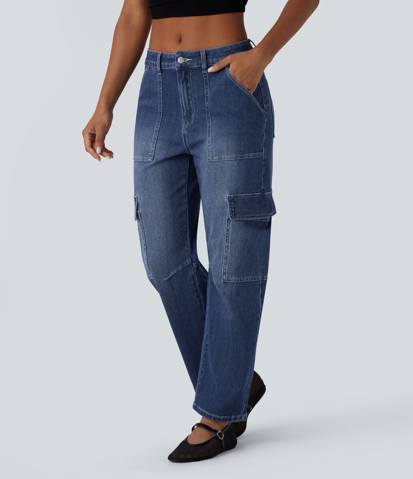 Pantalones Vaqueros Cargo Barrel Casual Lavados Halara Flex™ de Tiro Medio con Bolsillos