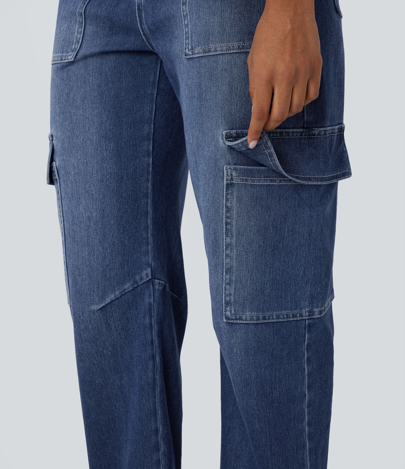 Pantalones Vaqueros Cargo Barrel Casual Lavados Halara Flex™ de Tiro Medio con Bolsillos