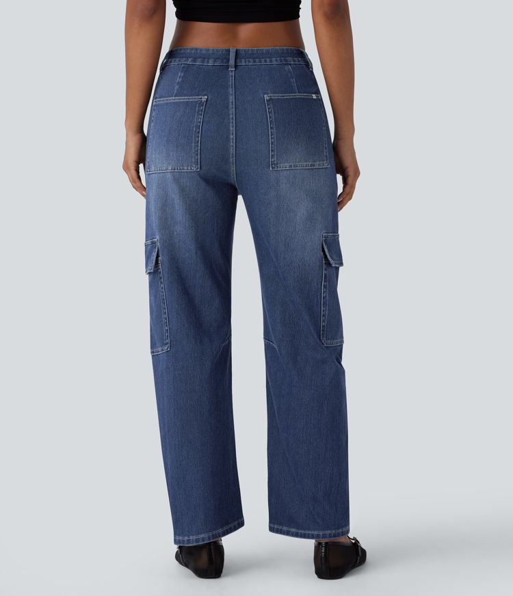 Pantalones Vaqueros Cargo Barrel Casual Lavados Halara Flex™ de Tiro Medio con Bolsillos