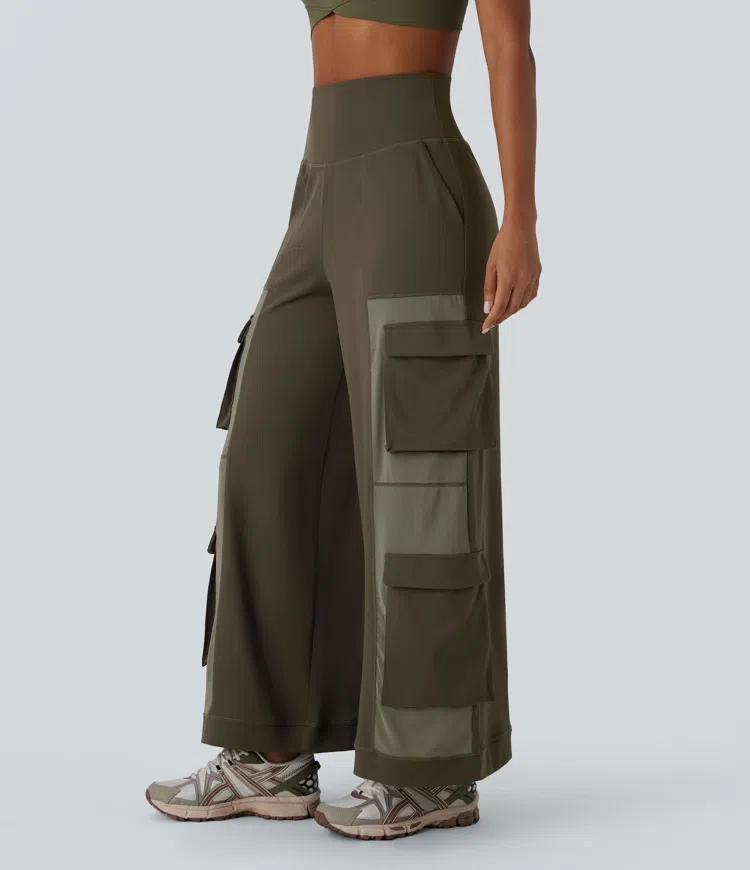 High Waisted Pockets Patchwork Yoga Cargo Pants