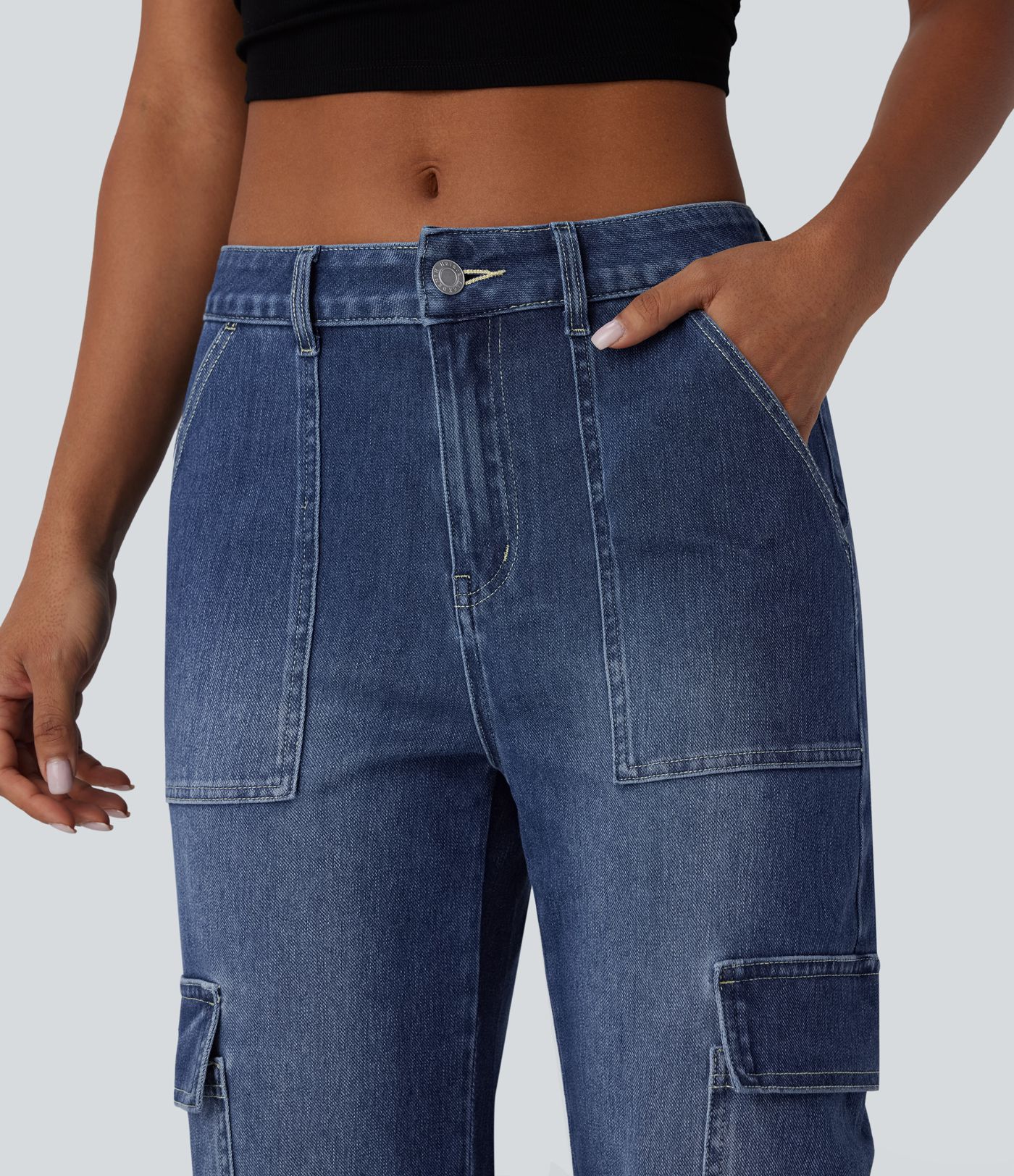 Pantalones Vaqueros Cargo Barrel Casual Lavados Halara Flex™ de Tiro Medio con Bolsillos