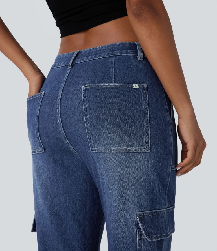 Pantalones Vaqueros Cargo Barrel Casual Lavados Halara Flex™ de Tiro Medio con Bolsillos