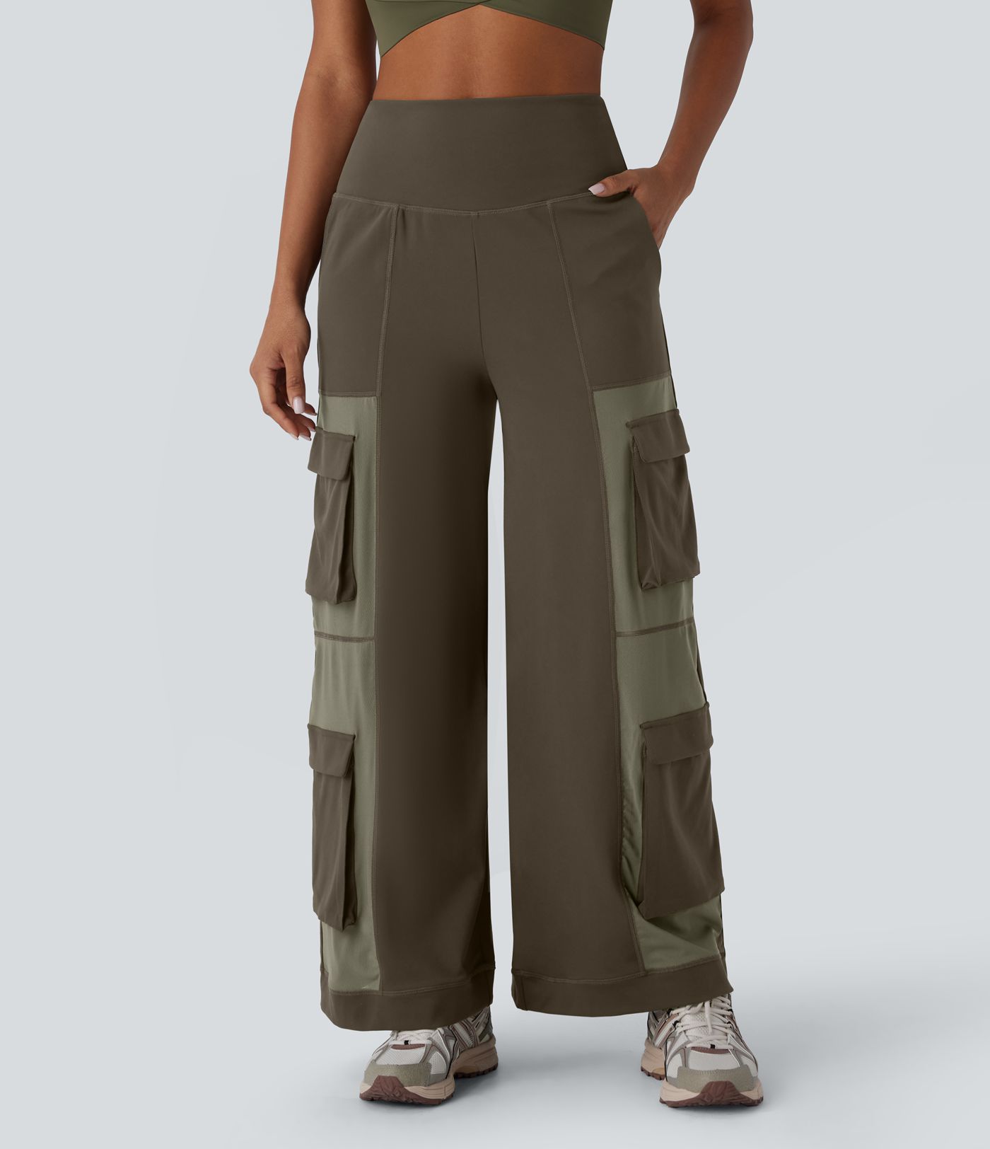 DayStretch - Yoga-Cargo-Hose mit hohem Bund, Seitentaschen und Patchwork-Details