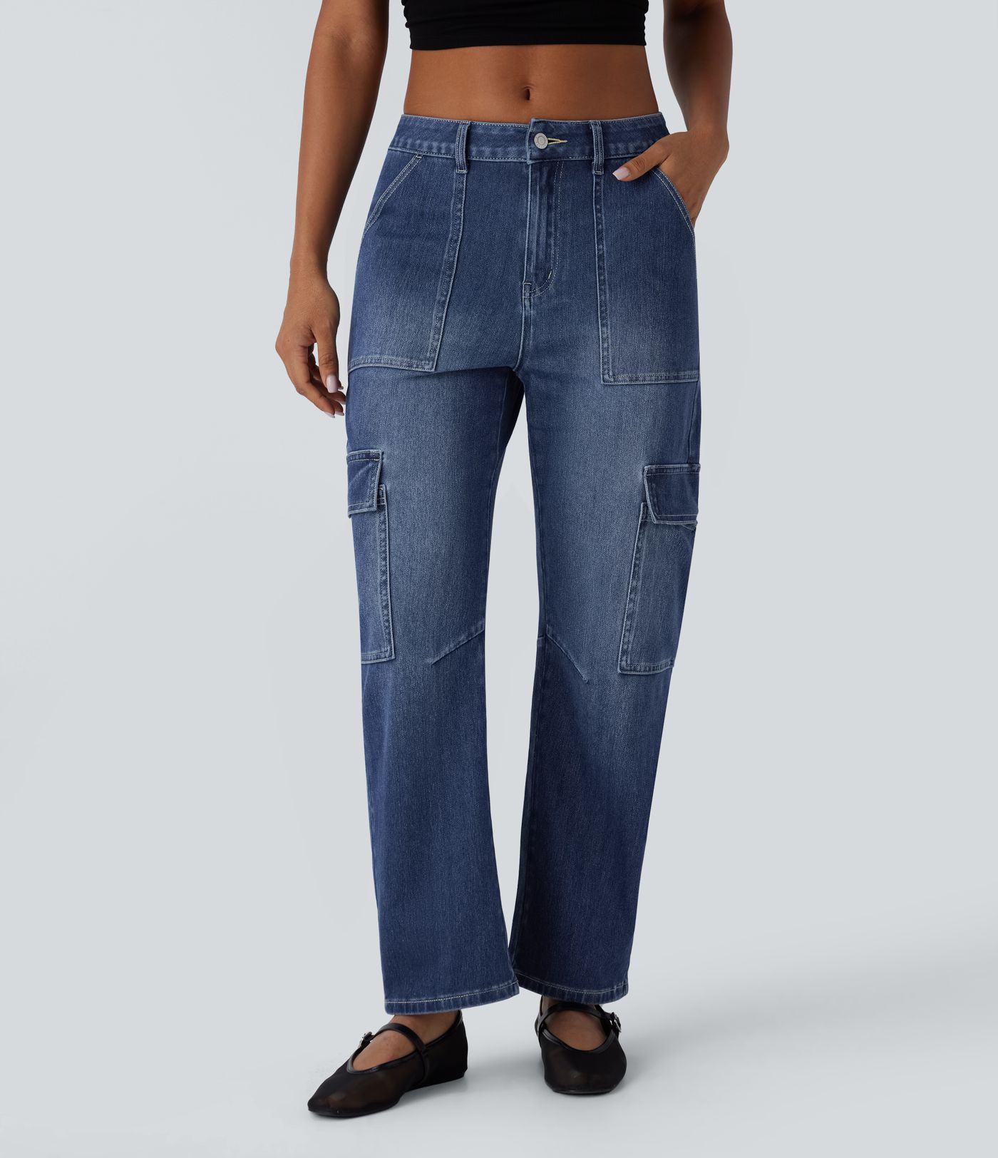 Pantalones Vaqueros Cargo Barrel Casual Lavados Halara Flex™ de Tiro Medio con Bolsillos