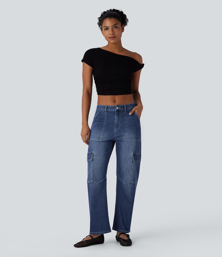 Pantalones Vaqueros Cargo Barrel Casual Lavados Halara Flex™ de Tiro Medio con Bolsillos