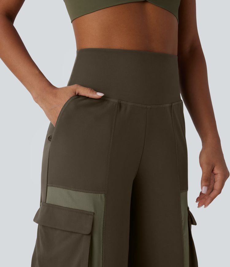 DayStretch - Yoga-Cargo-Hose mit hohem Bund, Seitentaschen und Patchwork-Details