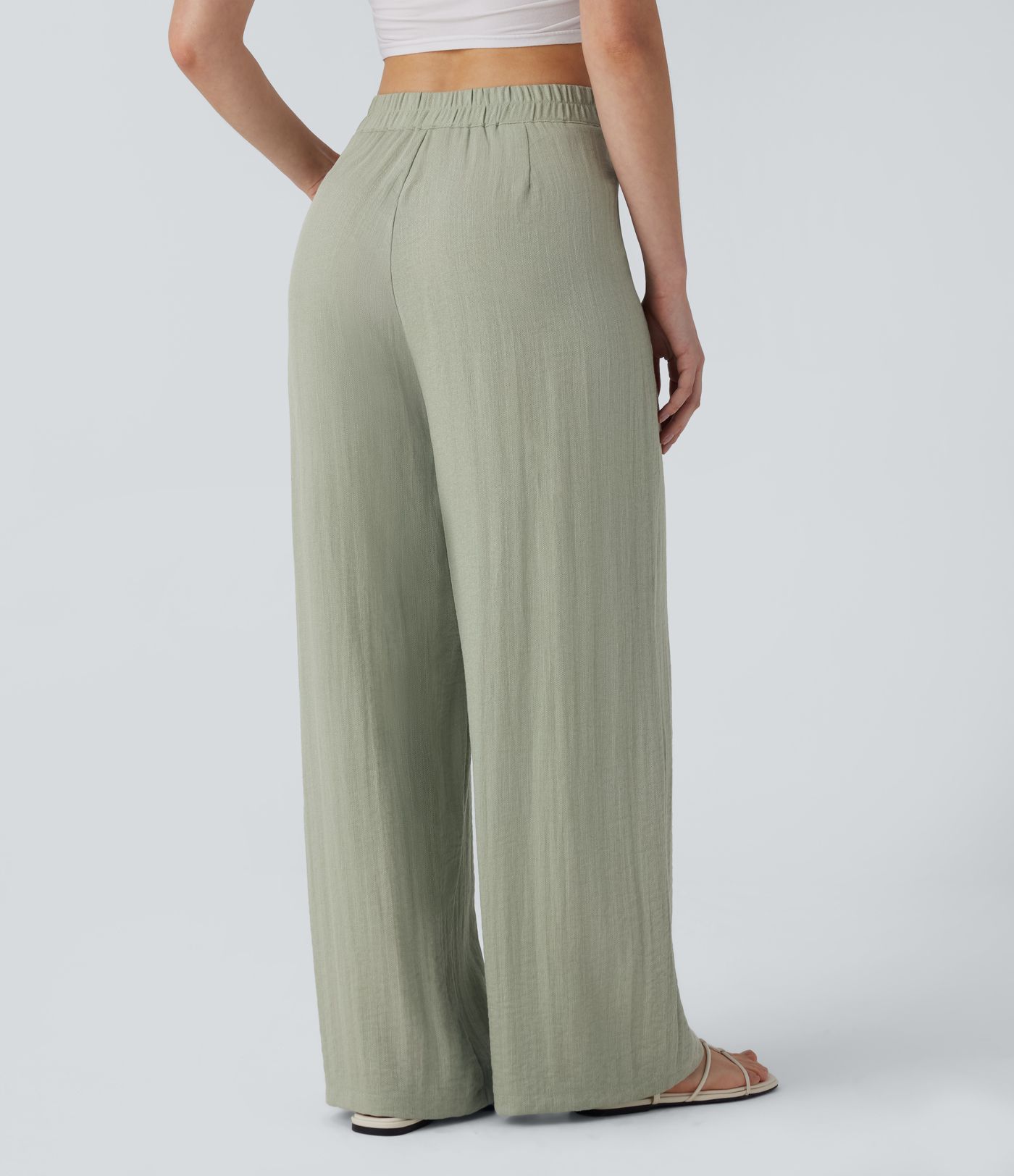 High Waisted Button Wide Leg Casual Linen-Feel Trousers with Pockets