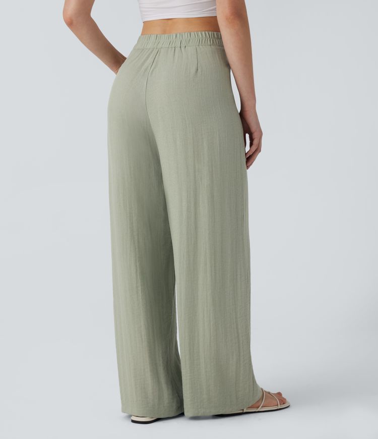 High Waisted Button Wide Leg Casual Linen-Feel Trousers with Pockets