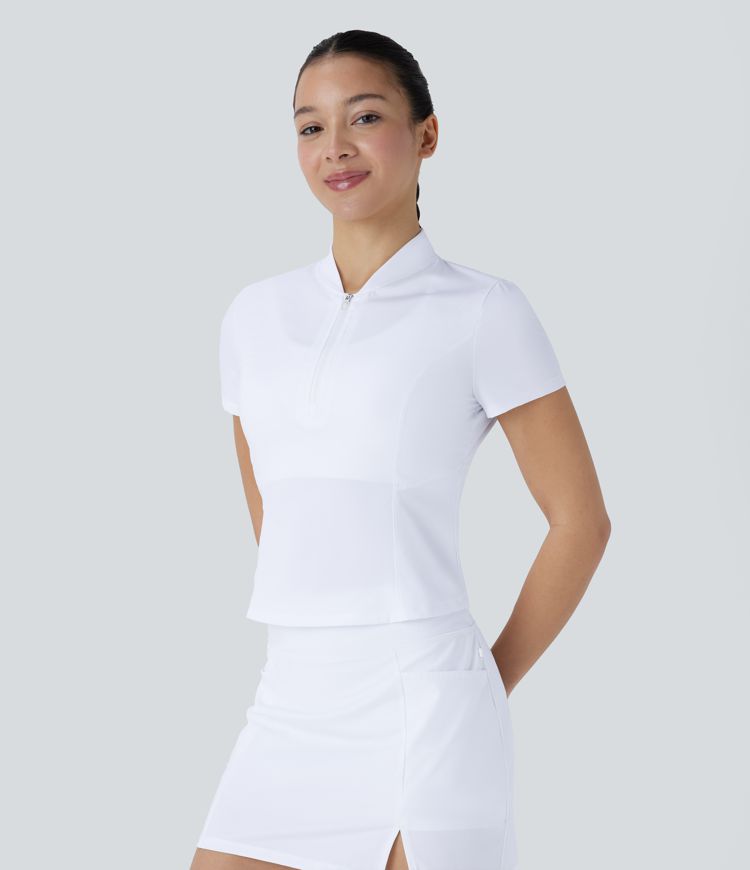 Stand Collar Half Zip Short Sleeve Cut Out Cool Touch Quick Dry Golf Sports Top