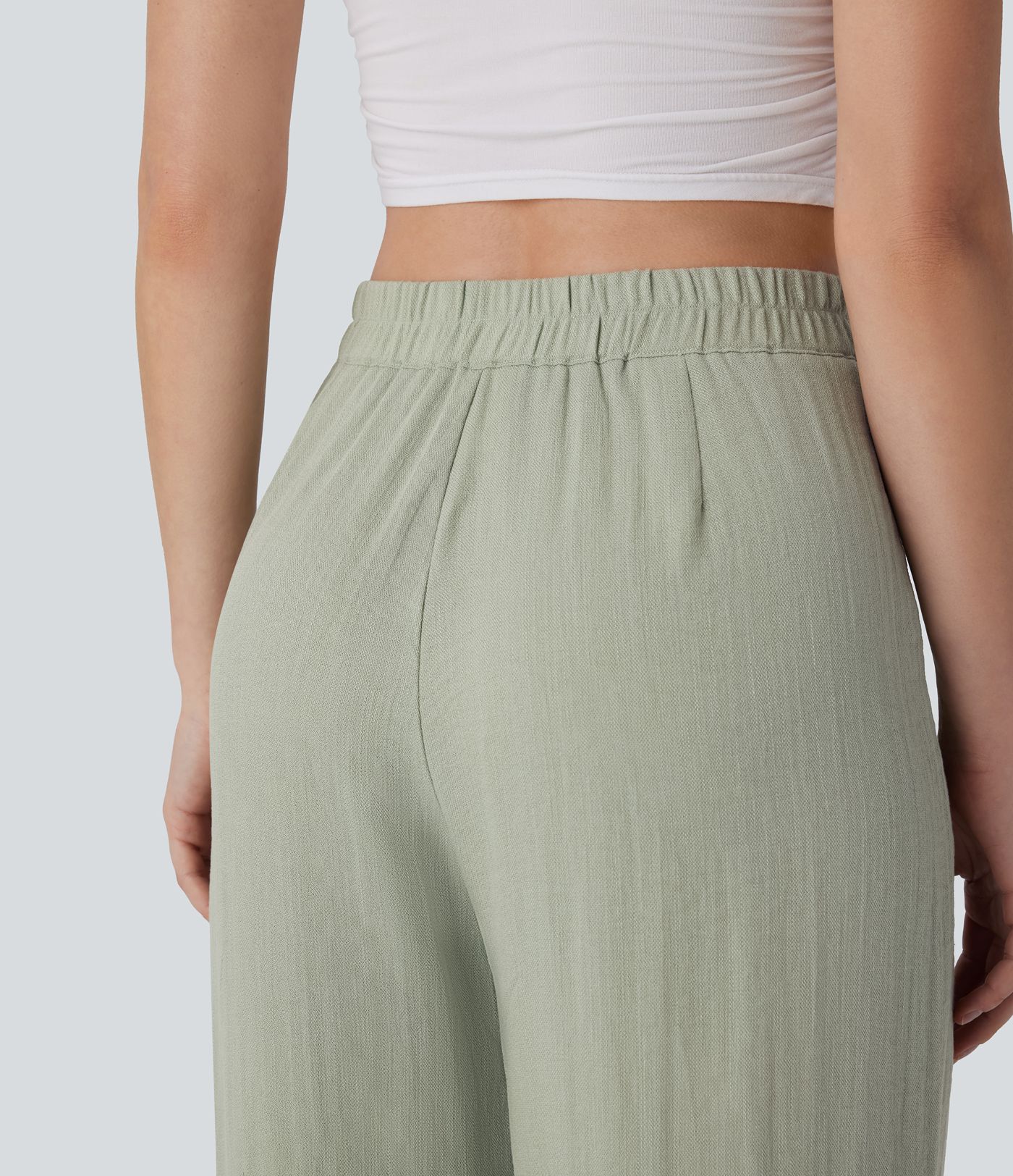 High Waisted Button Wide Leg Casual Linen-Feel Trousers with Pockets