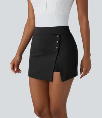 Jupe-short de golf mini taille haute 2-en-1 fendue à boutons décoratifs avec poche latérale séchage rapide - Poche pour tee de golf - UPF40+