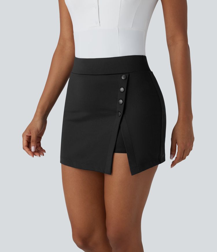 High Waisted Decorative Button Split 2-in-1 Side Pocket Mini Golf Skirt-Golf Tee Pocket