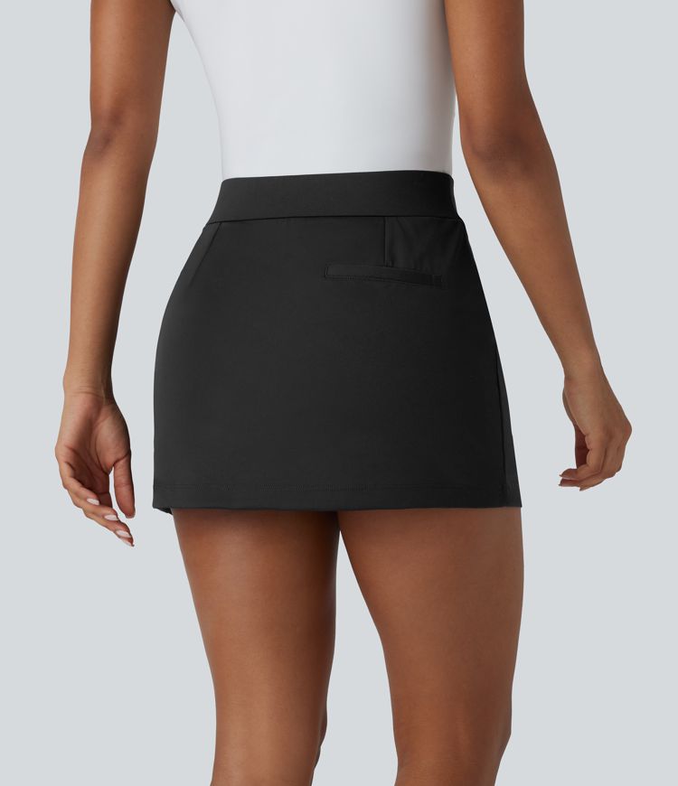 High Waisted Decorative Button Split 2-in-1 Side Pocket Mini Golf Skirt-Golf Tee Pocket