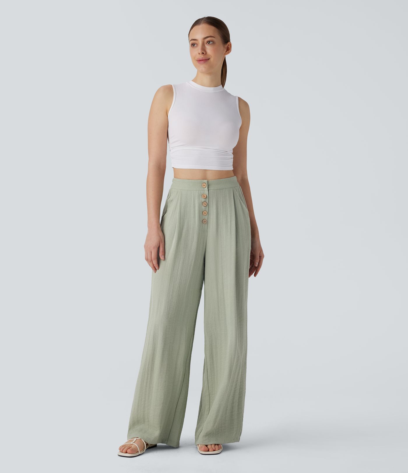 High Waisted Button Wide Leg Casual Linen-Feel Trousers with Pockets