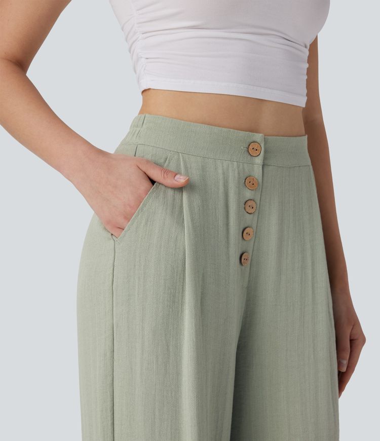 High Waisted Button Wide Leg Casual Linen-Feel Trousers with Pockets