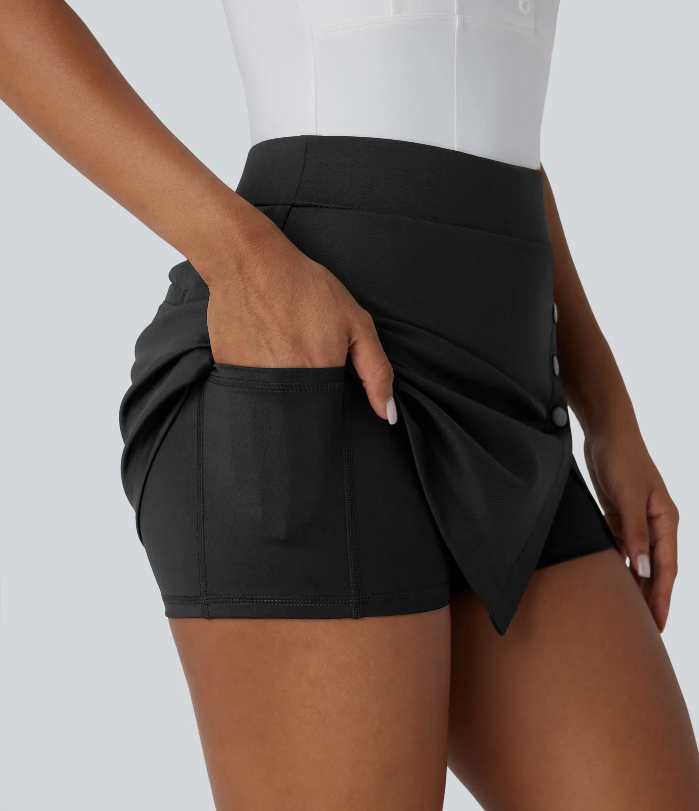 High Waisted Decorative Button Split 2-in-1 Side Pocket Mini Golf Skirt-Golf Tee Pocket