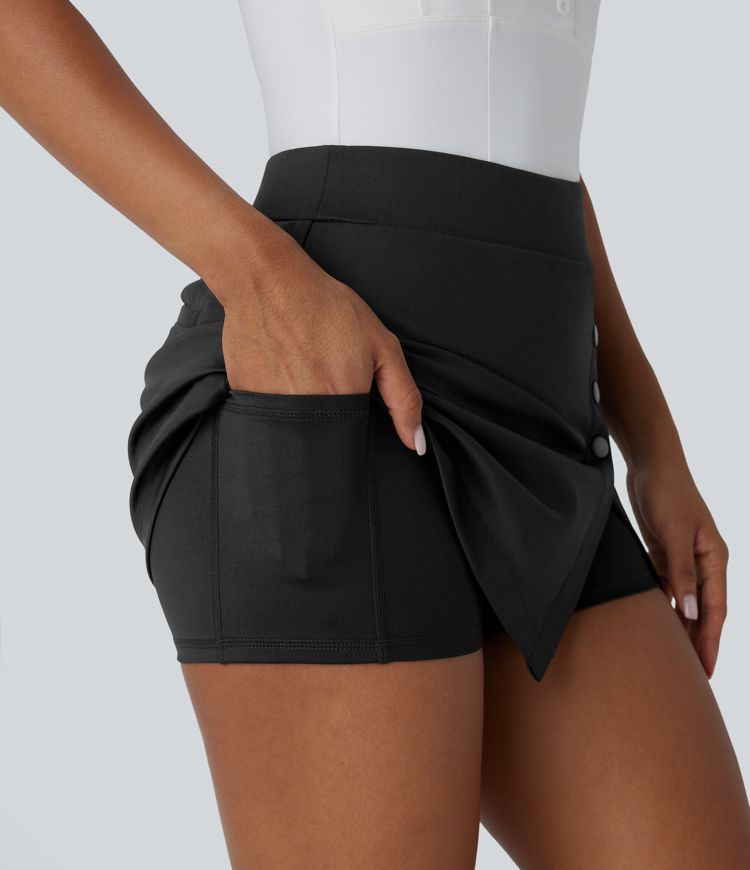 Jupe-short de golf mini taille haute 2-en-1 fendue à boutons décoratifs avec poche latérale séchage rapide - Poche pour tee de golf - UPF40+