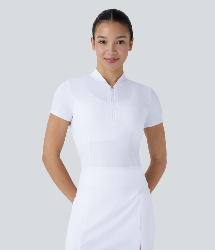 Stand Collar Half Zip Short Sleeve Cut Out Cool Touch Quick Dry Golf Sports Top