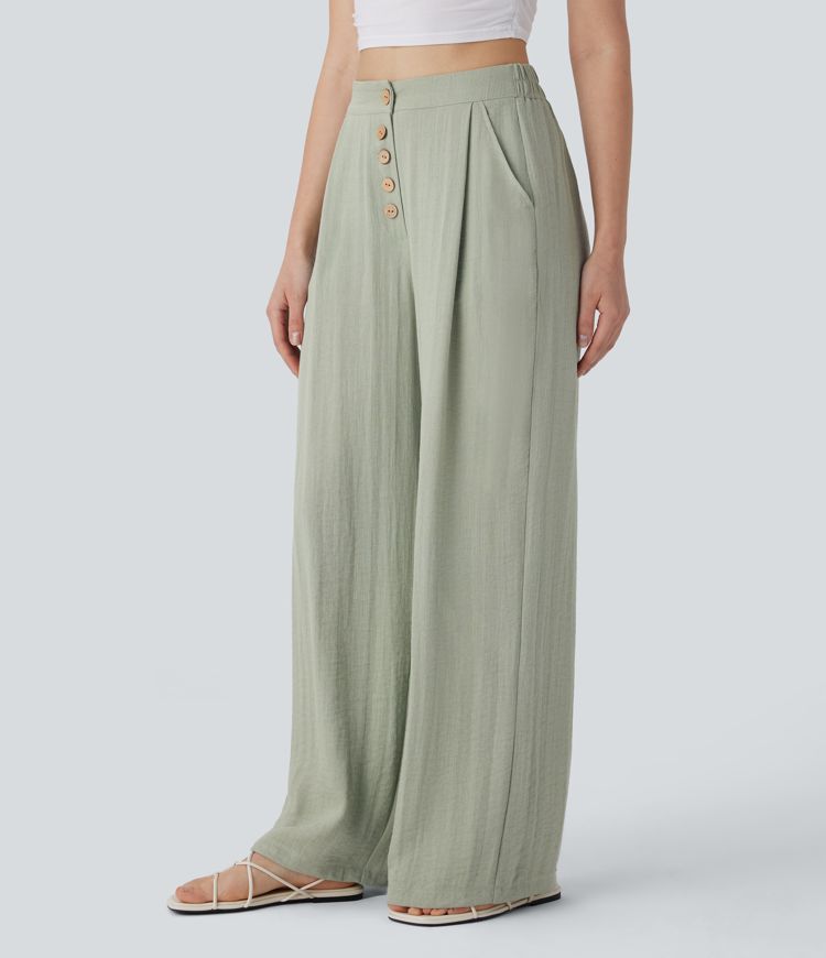 High Waisted Button Wide Leg Casual Linen-Feel Trousers with Pockets