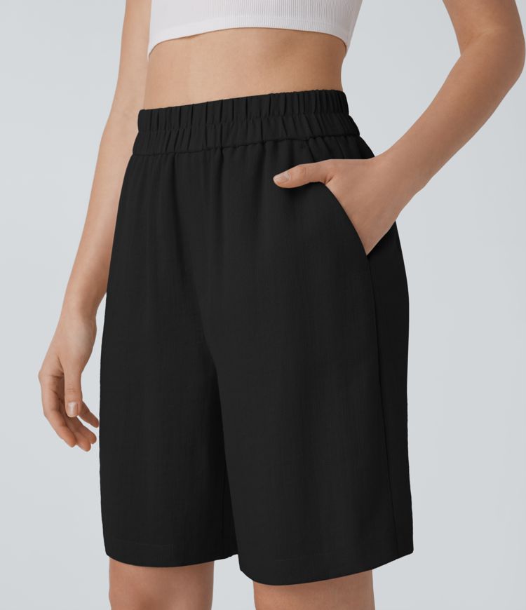 Bermuda court décontracté taille haute avec poches en lin