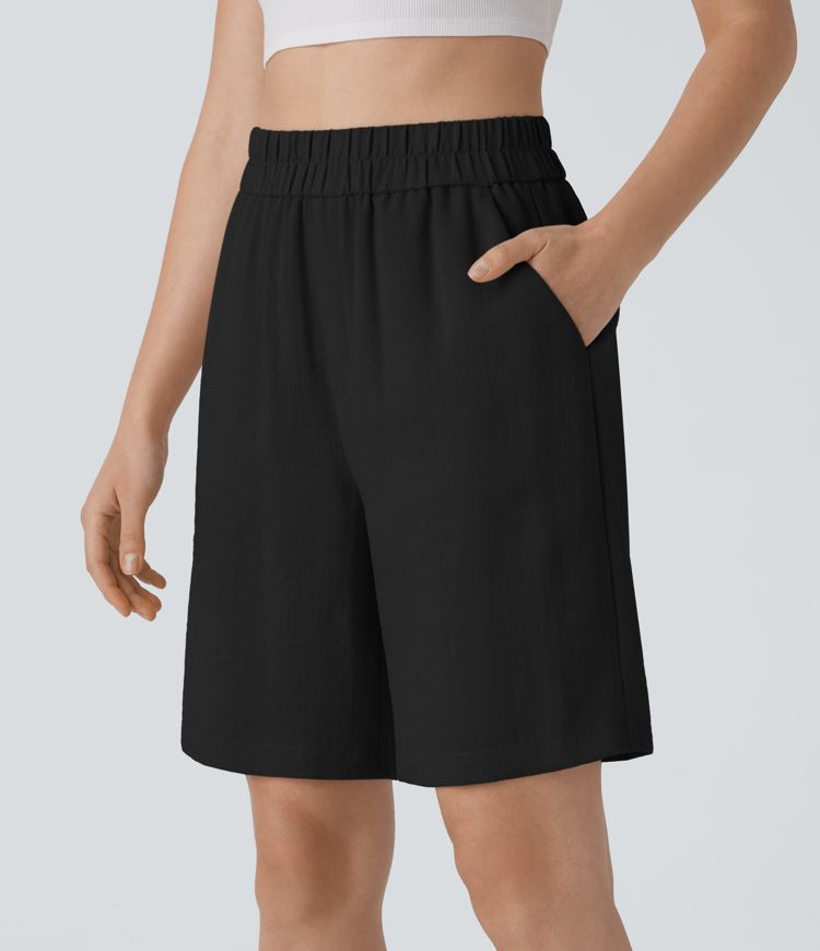 Bermuda court décontracté taille haute avec poches en lin