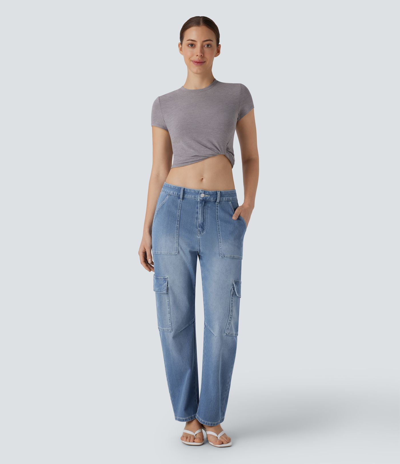 Jean cargo décontracté Halara Flex™ coupe tonneau en maille extensible délavée avec poches multiples et taille moyenne