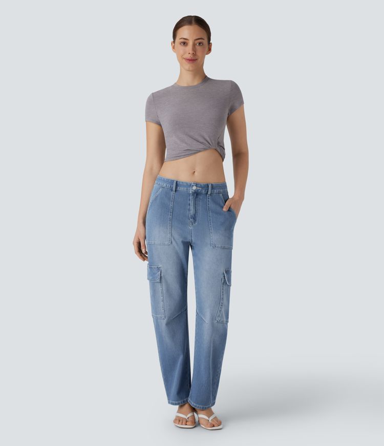 Halara Flex™ Mid Rise Pockets Washed Casual Barrel Cargo Jeans
