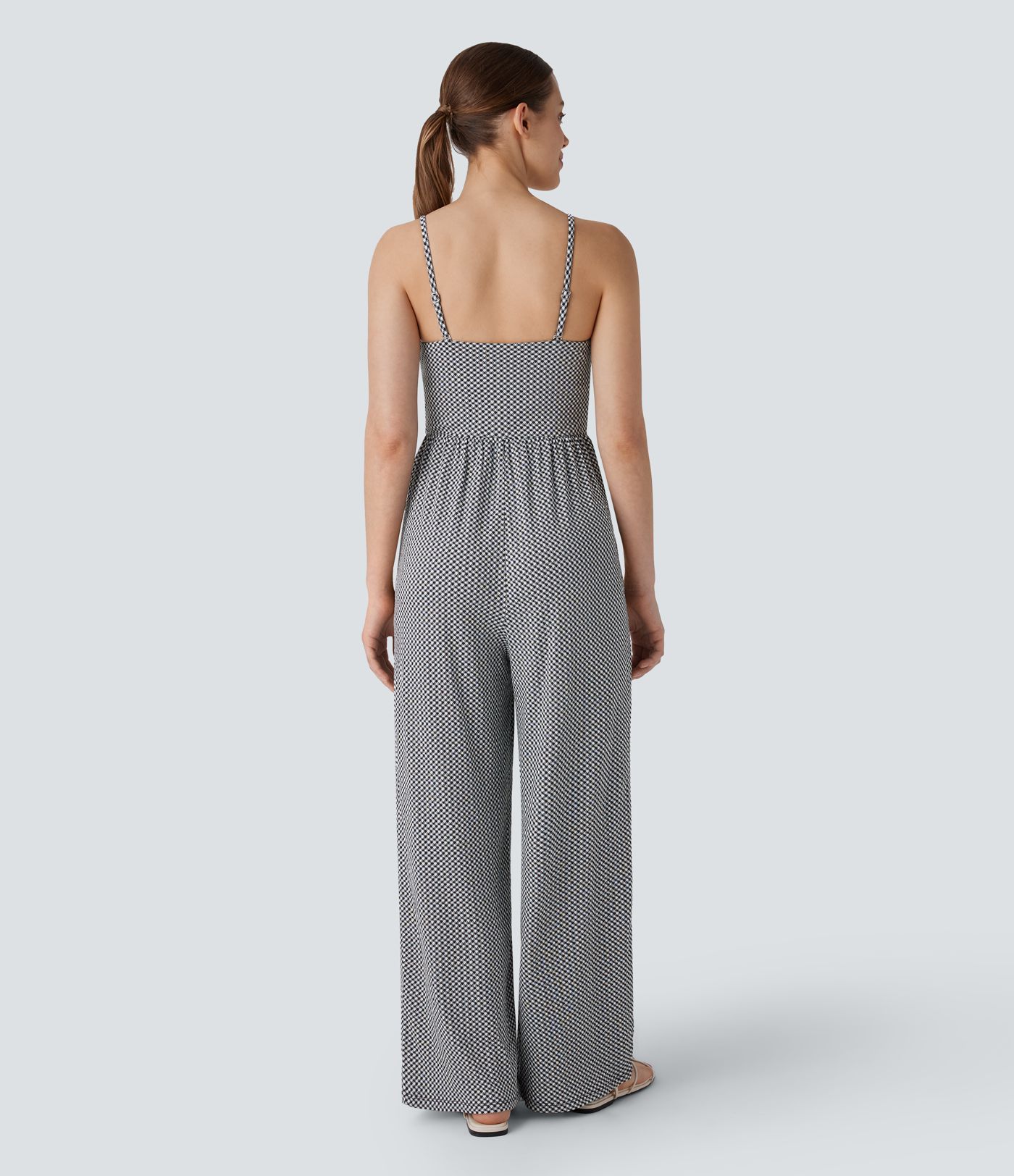 Adjustable & Removable Strap Ruched Pocket Plaid Casual Jumpsuit