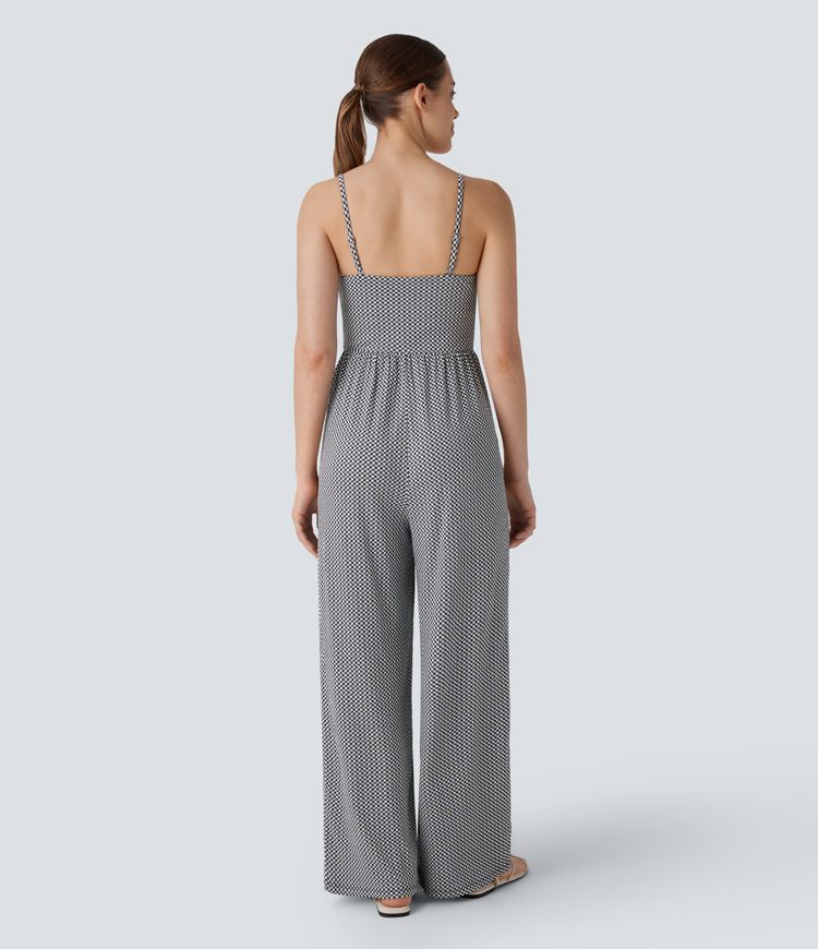 Adjustable & Removable Strap Ruched Pocket Plaid Casual Jumpsuit