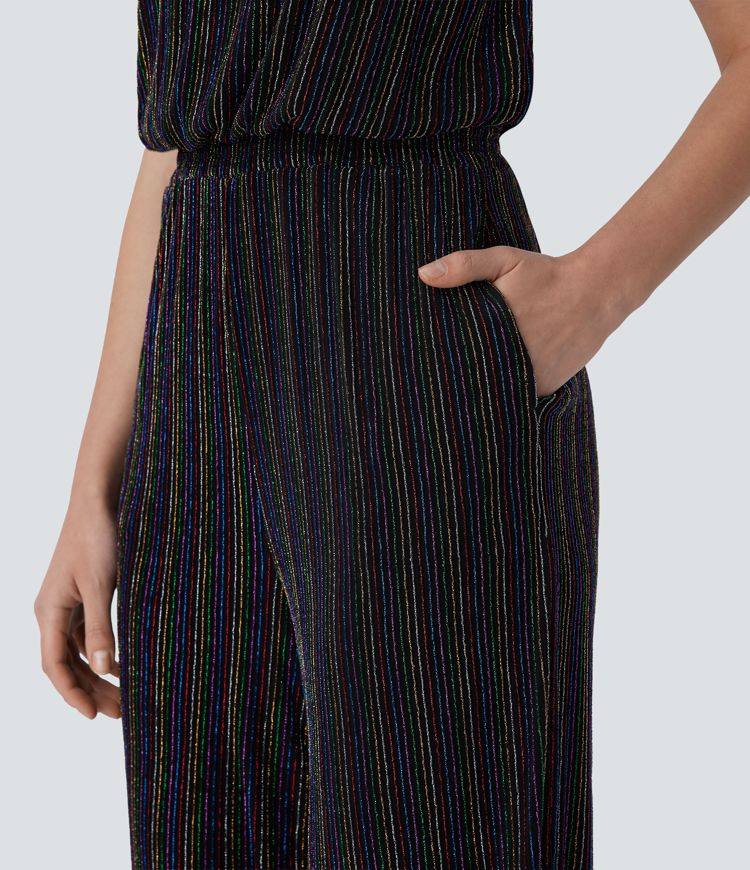 Halter Tie Back Sleeveless Pocket Metallic Stripe Casual Jumpsuit