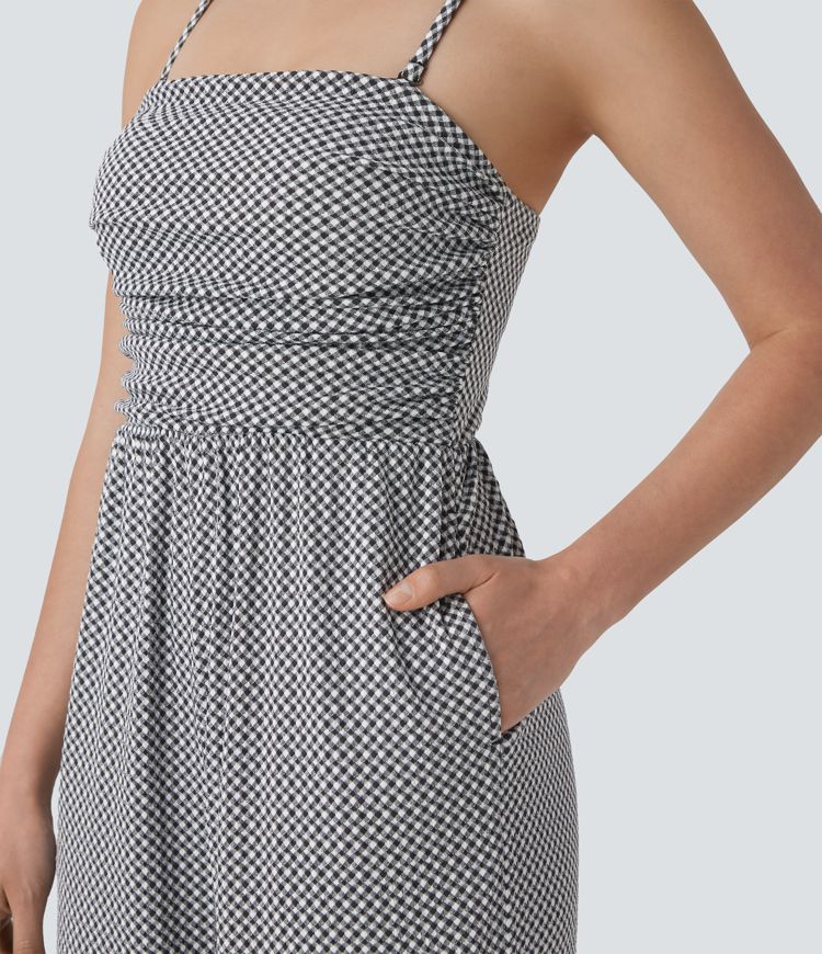 Adjustable & Removable Strap Ruched Pocket Plaid Casual Jumpsuit