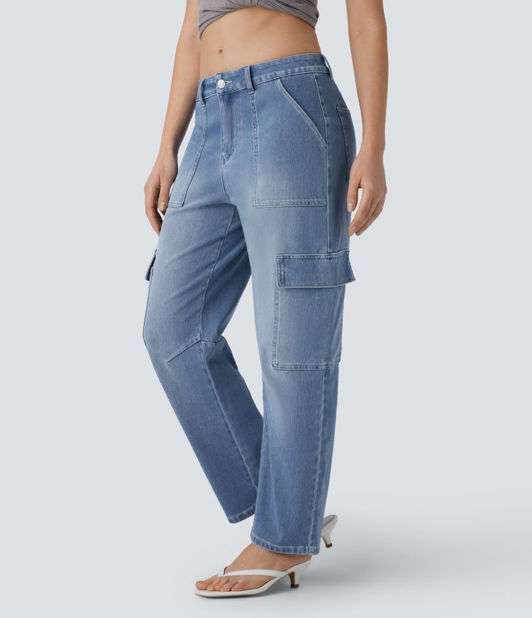 Halara Flex™ Mid Rise Pockets Washed Casual Barrel Cargo Jeans