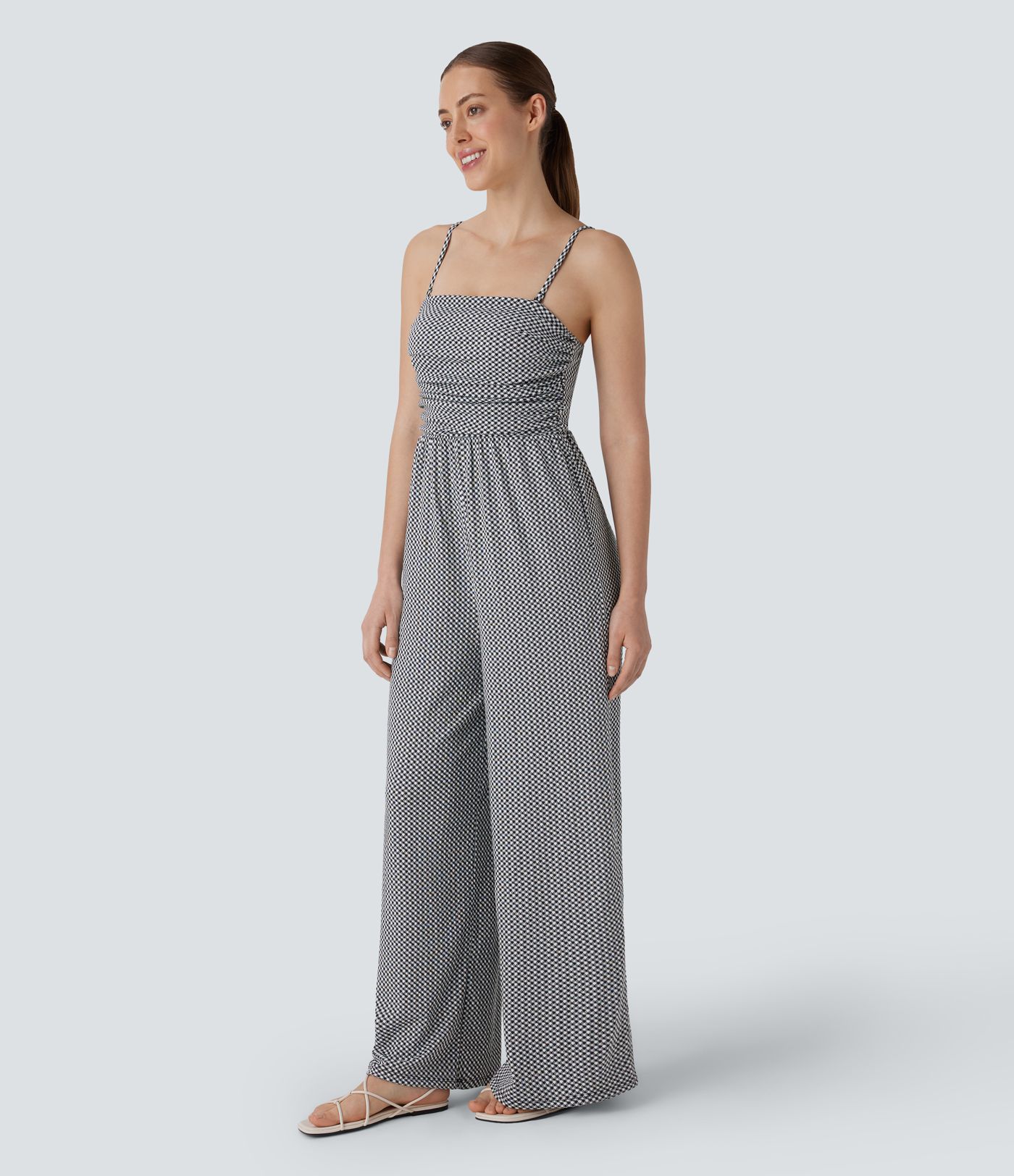 Adjustable & Removable Strap Ruched Pocket Plaid Casual Jumpsuit