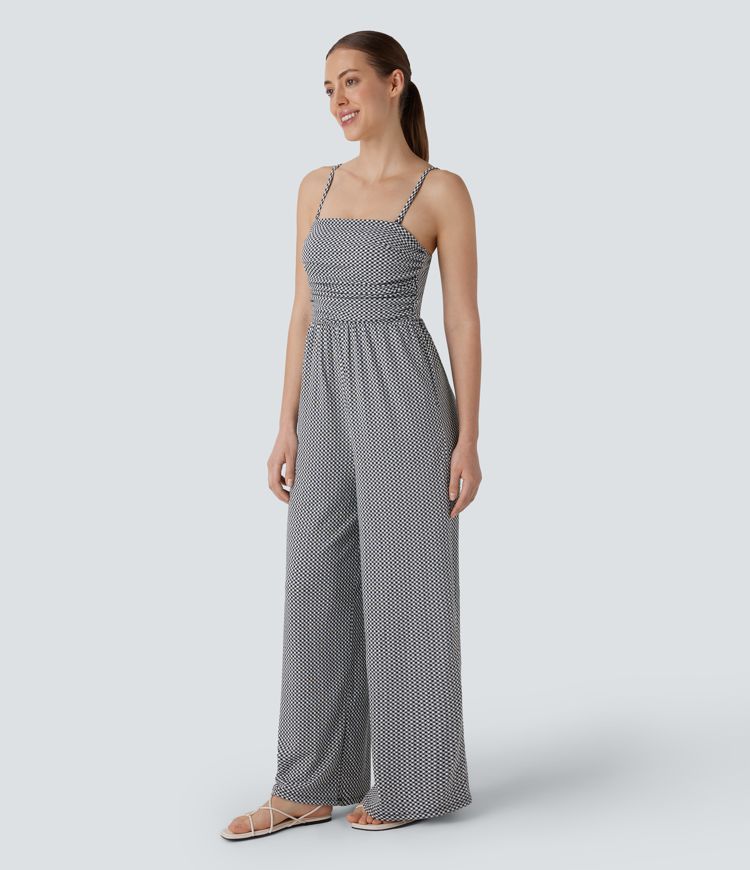 Adjustable & Removable Strap Ruched Pocket Plaid Casual Jumpsuit
