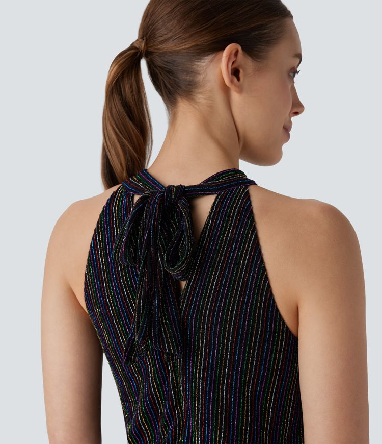 Halter Tie Back Sleeveless Pocket Metallic Stripe Casual Jumpsuit