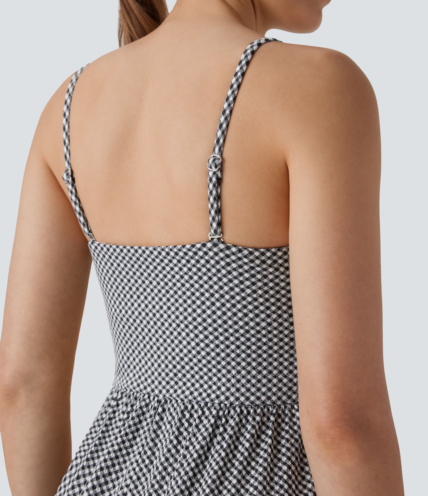 Adjustable & Removable Strap Ruched Pocket Plaid Casual Jumpsuit