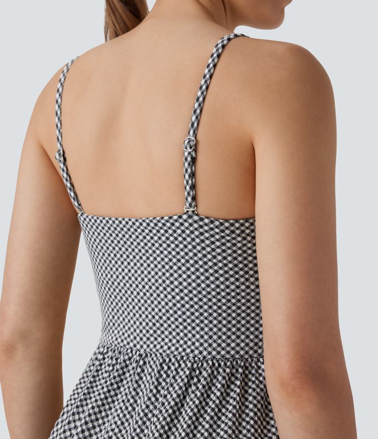 Adjustable & Removable Strap Ruched Pocket Plaid Casual Jumpsuit