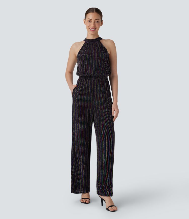Halter Tie Back Sleeveless Pocket Metallic Stripe Casual Jumpsuit