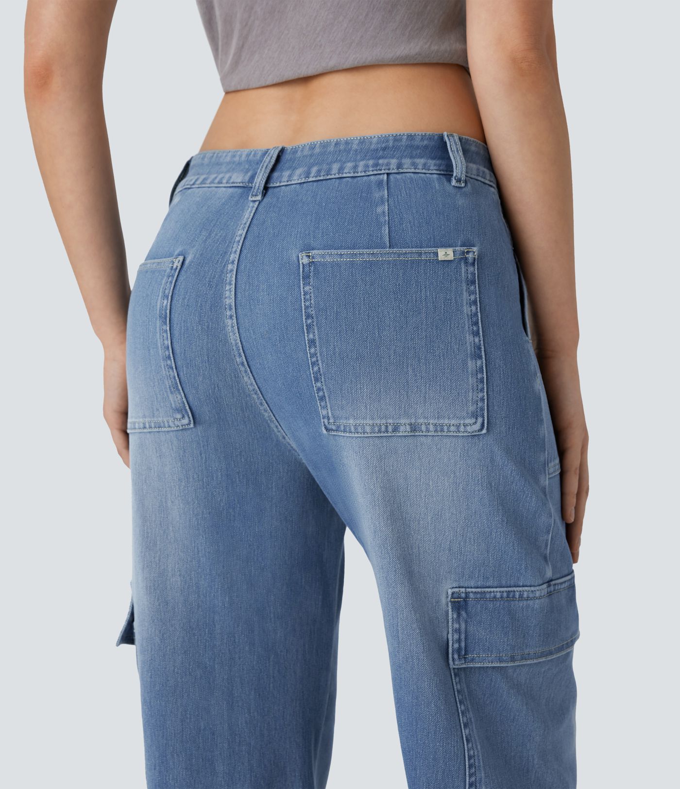 Jean cargo décontracté Halara Flex™ coupe tonneau en maille extensible délavée avec poches multiples et taille moyenne