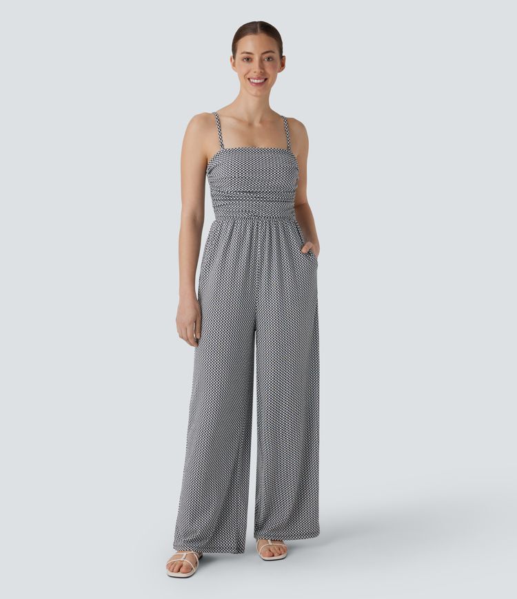 Adjustable & Removable Strap Ruched Pocket Plaid Casual Jumpsuit