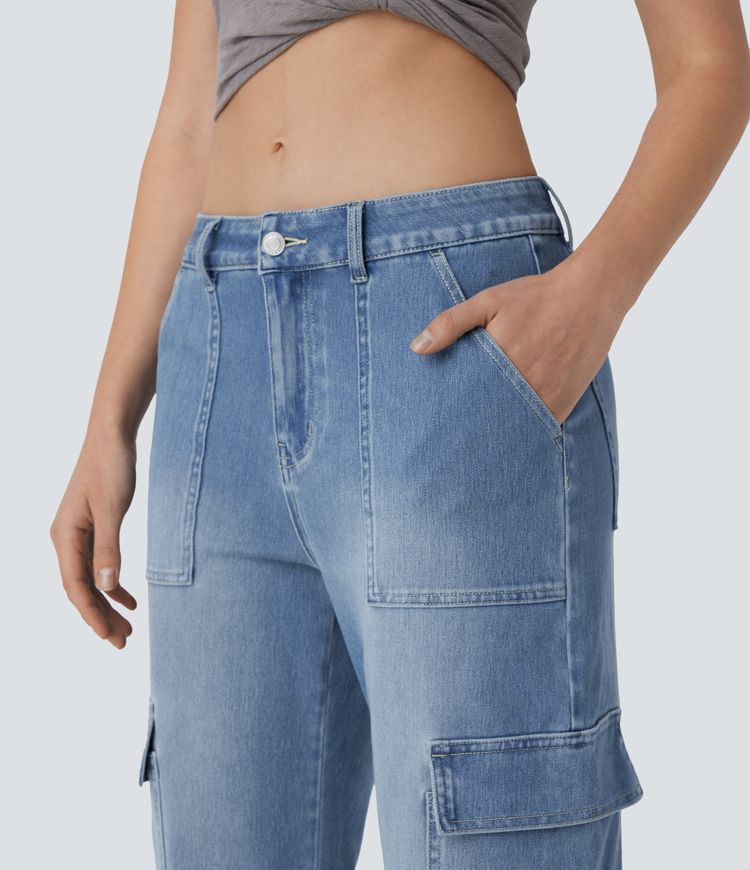 Halara Flex™ Mid Rise Pockets Washed Casual Barrel Cargo Jeans