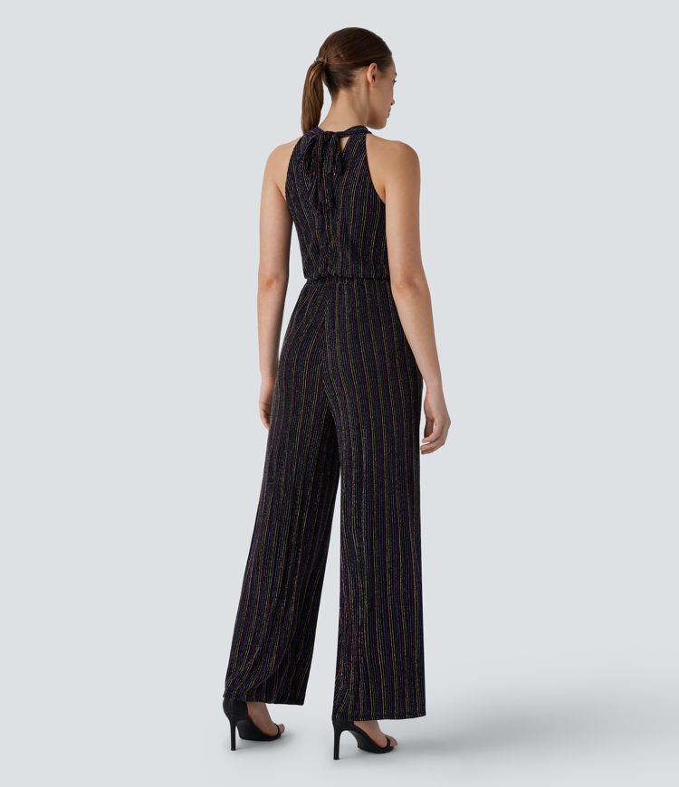 Halter Tie Back Sleeveless Pocket Metallic Stripe Casual Jumpsuit